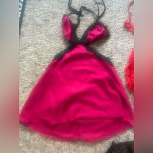 Adore Me Pink Satin Open Back Black Lace Trim Lingerie Teddy Slip S / M